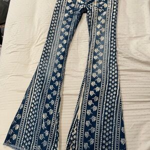 Free People Stripe Bali Garage Halo Wide Flare Denim Boho Hippie Retro Jeans 24